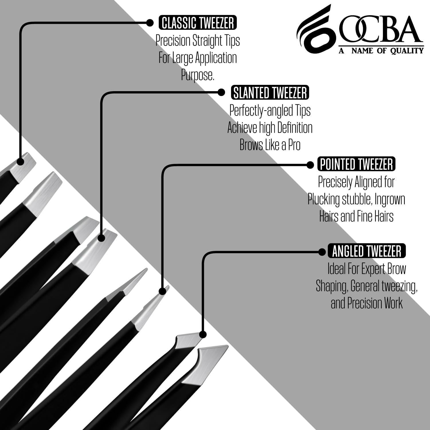 Juego de 4 Pinzas de Cejas OCBA Acero Inoxidable Negro
