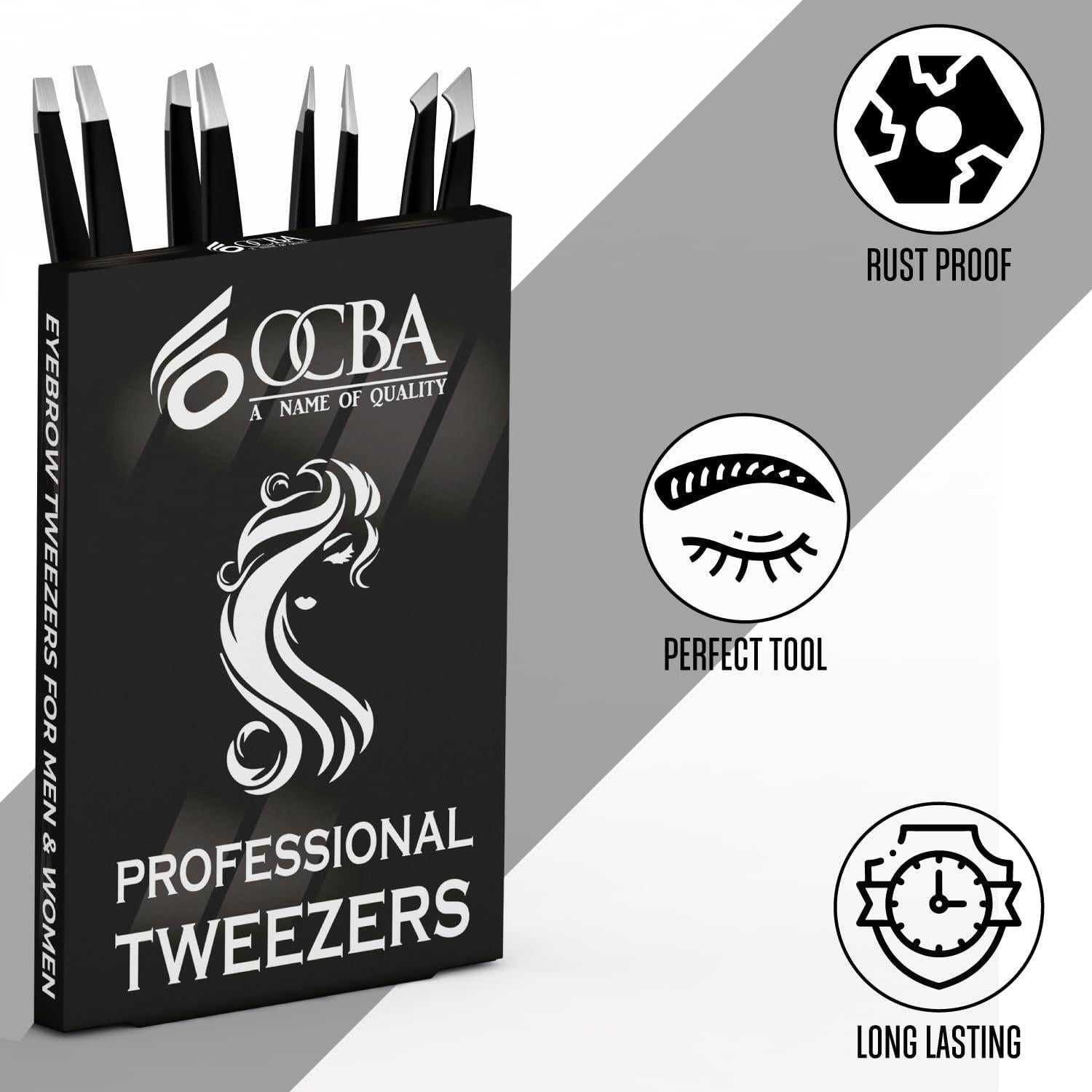 Juego de 4 Pinzas de Cejas OCBA Acero Inoxidable Negro