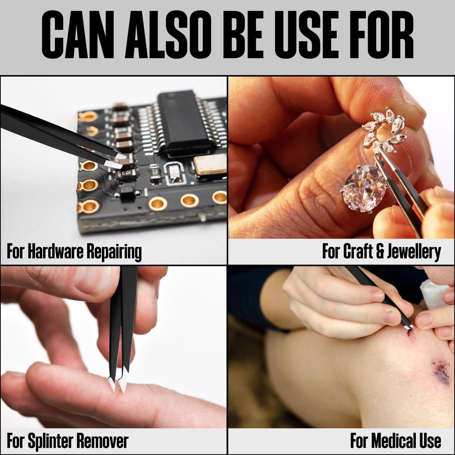 Juego de 4 Pinzas de Cejas OCBA Acero Inoxidable Negro