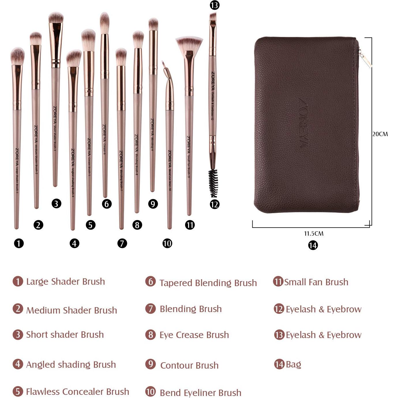 Conjunto de Pinceles de Maquillaje para Ojos Z'OREYA 12 Pcs Oro Champán