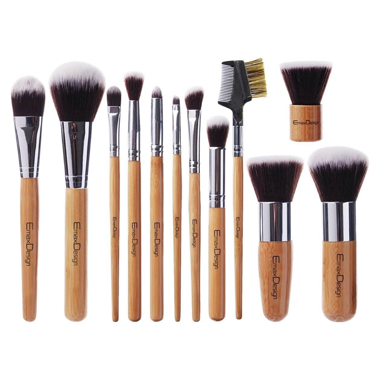 Juego de 12 Brochas de Maquillaje EmaxDesign con Mango de Bambú