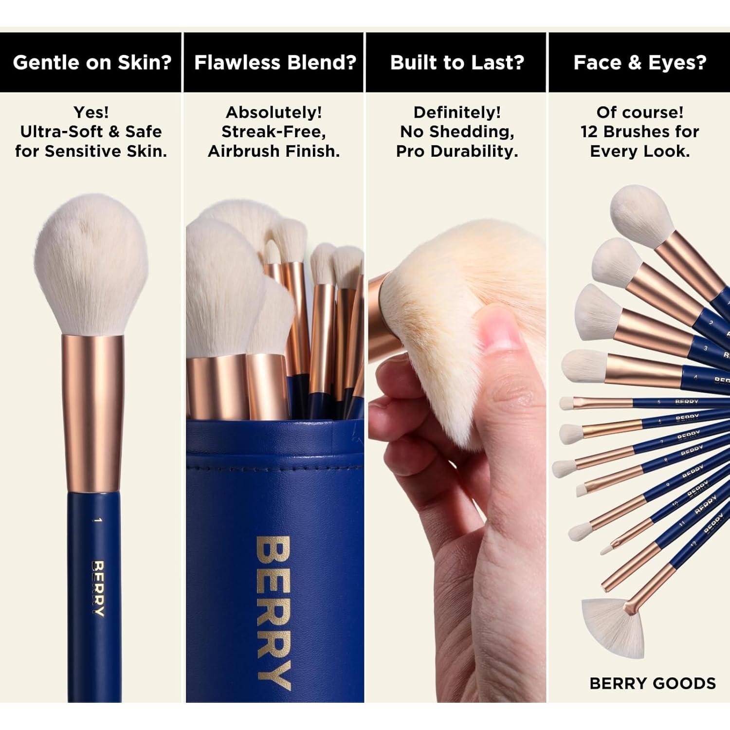 Juego de Brochas de Maquillaje BERRY Blue - 12 Piezas Veganas