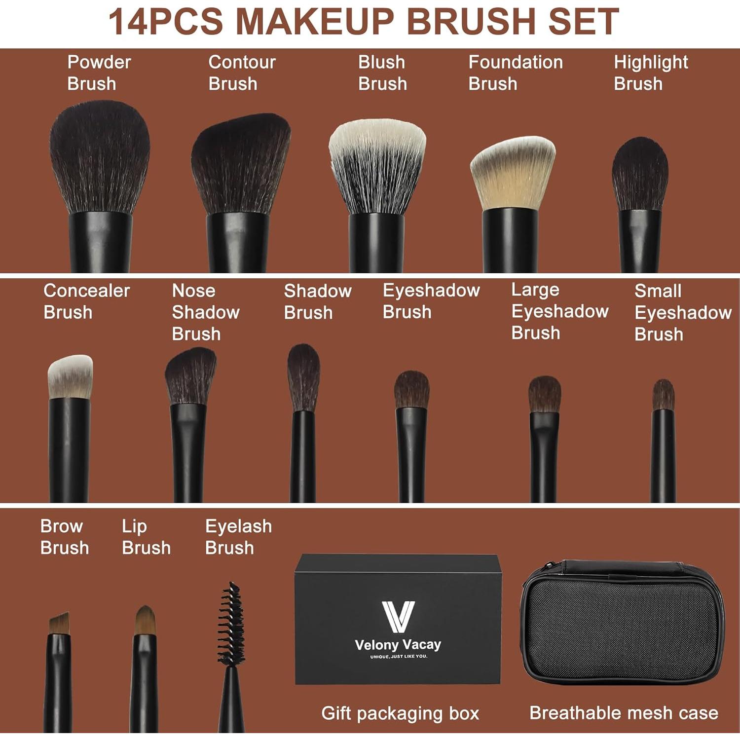 Juego de Brochas de Maquillaje Veganas Velony Vacay 14 Piezas