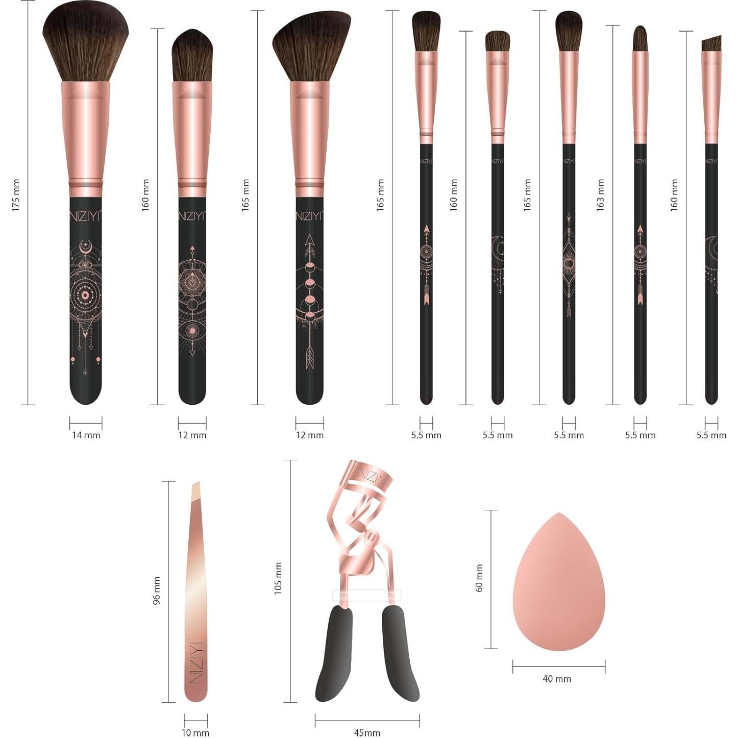 Juego de Brochas de Maquillaje NIZIYI 11 Piezas con Rizador