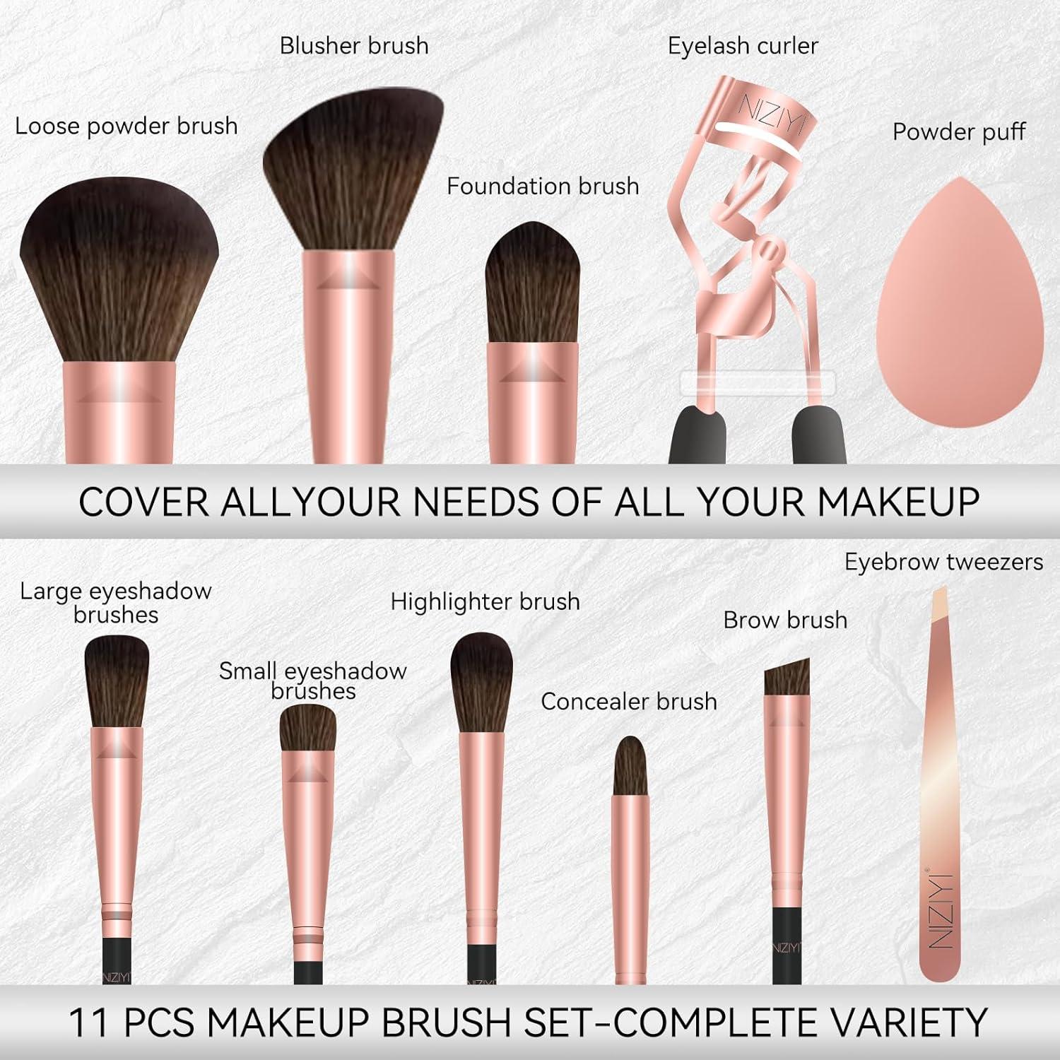 Juego de Brochas de Maquillaje NIZIYI 11 Piezas con Rizador