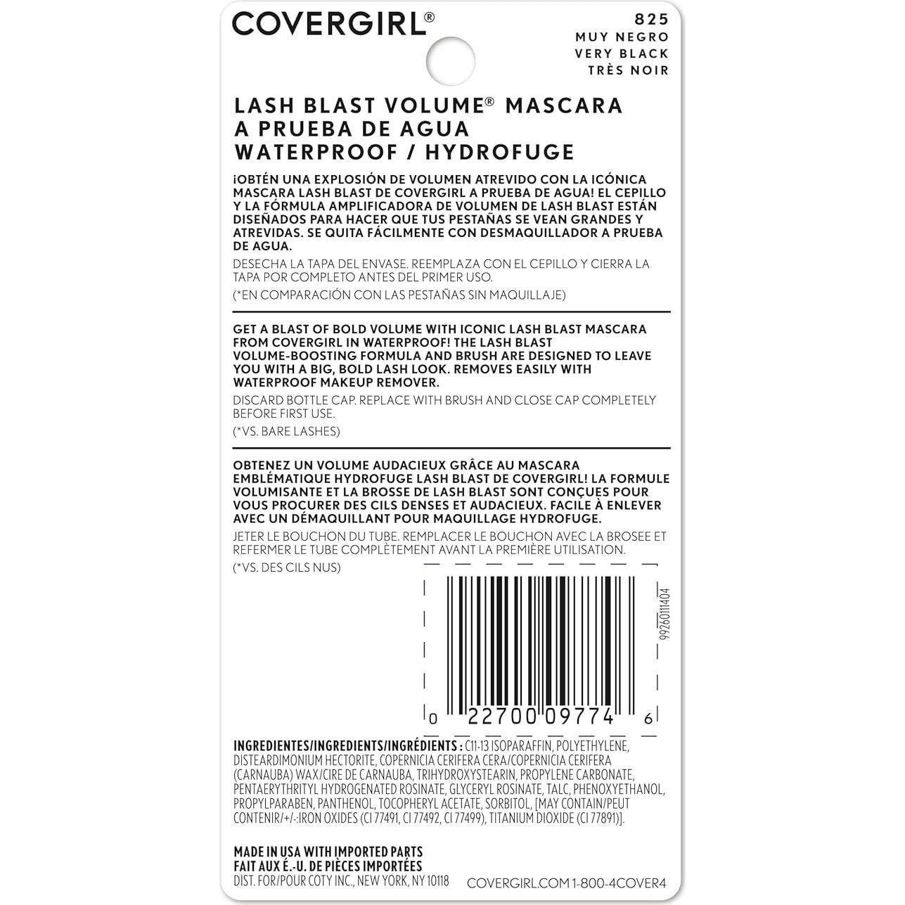 Máscara de Volumen Lash Blast Covergirl, Muy Negra, 13.12 ml