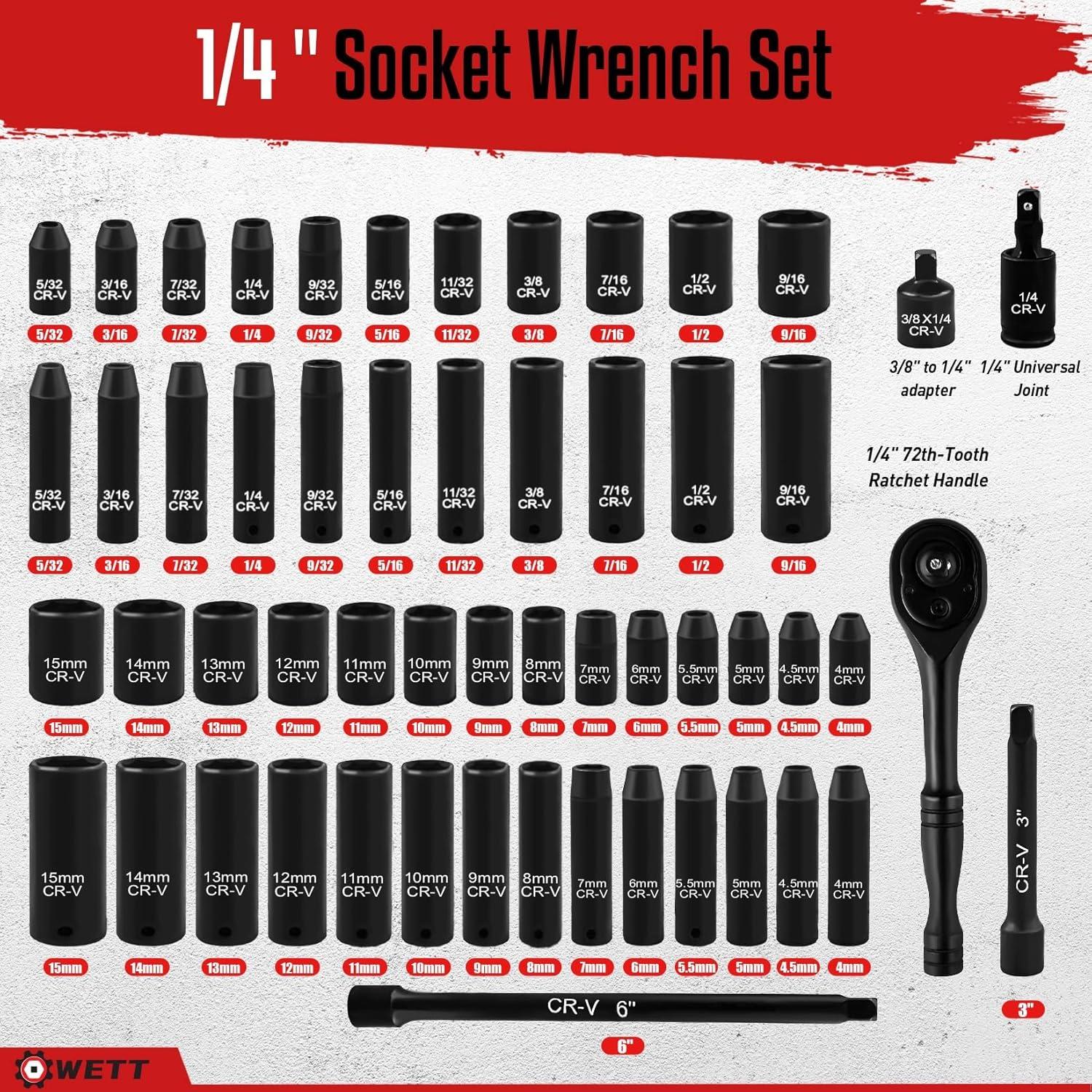 Juego de Enchufes de Impacto WETT 55 Piezas 1/4" Métrico
