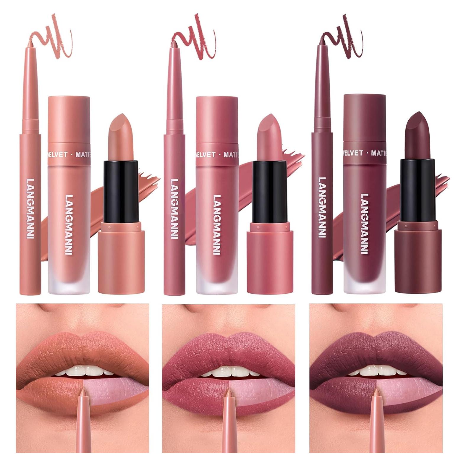 Set de Labios Mate LANGMANNI 3 en 1 - Lápiz, Labial y Brillo
