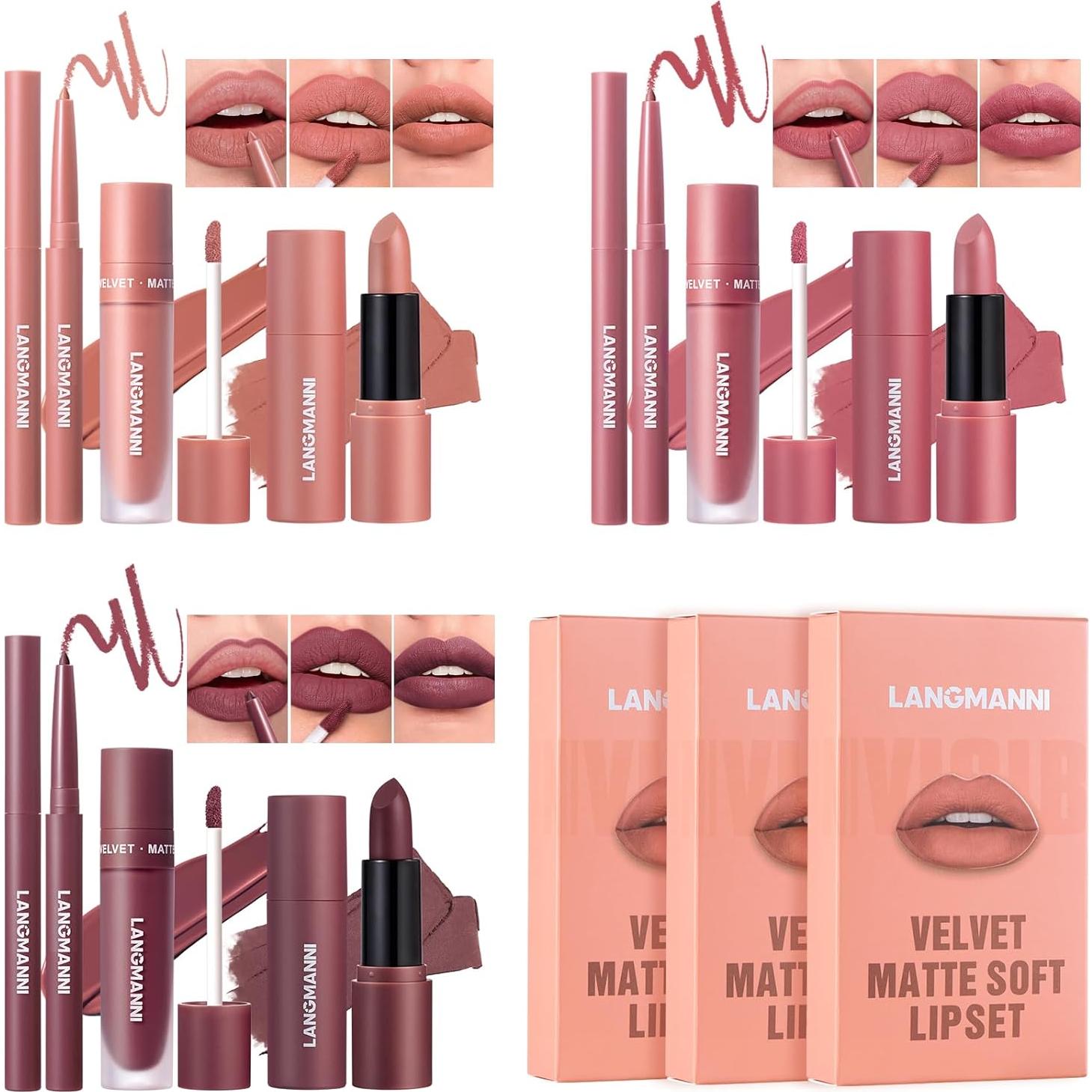 Set de Labios Mate LANGMANNI 3 en 1 - Lápiz, Labial y Brillo