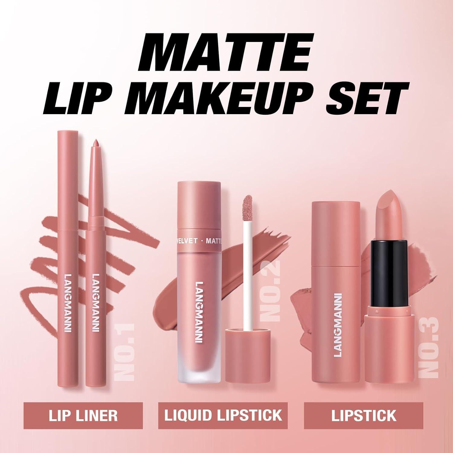 Set de Labios Mate LANGMANNI 3 en 1 - Lápiz, Labial y Brillo