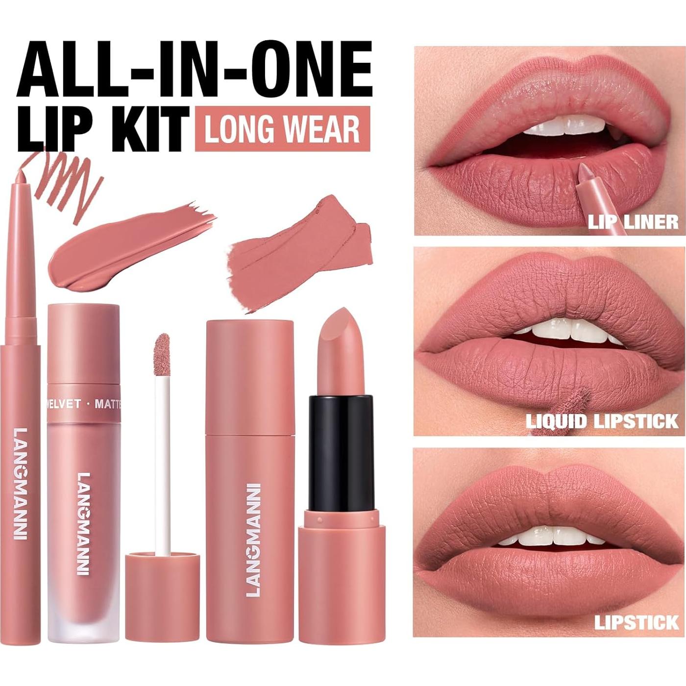 Set de Labios Mate LANGMANNI 3 en 1 - Lápiz, Labial y Brillo