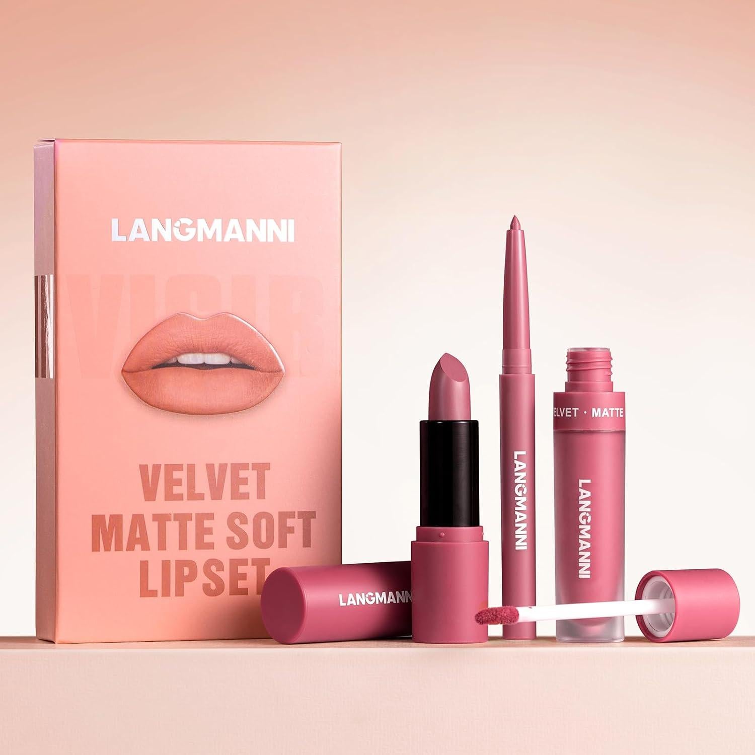 Set de Labios Mate LANGMANNI 3 en 1 - Lápiz, Labial y Brillo