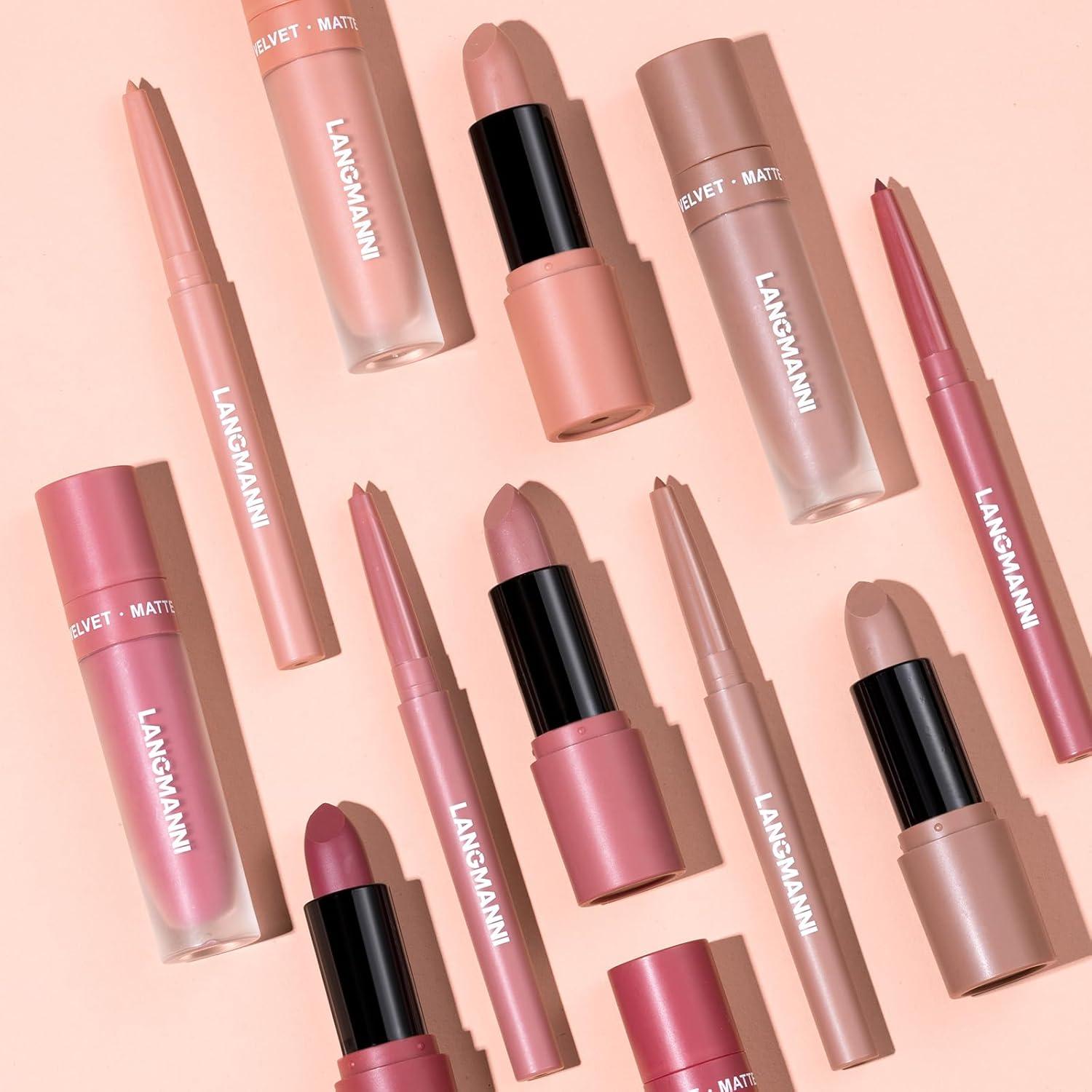 Set de Labios Mate LANGMANNI 3 en 1 - Lápiz, Labial y Brillo