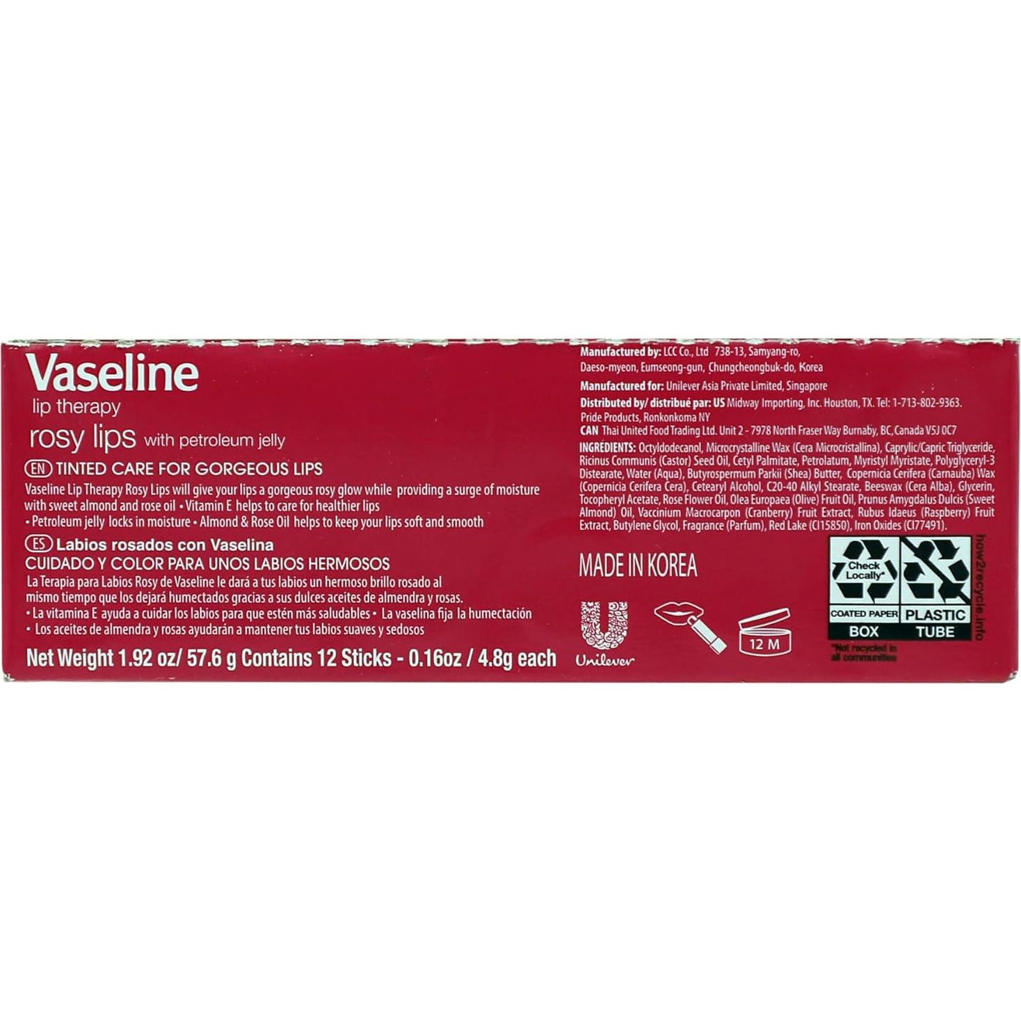 Bálsamo Labial Vaselina Rosada Unilever 12 Bastones 4.5g