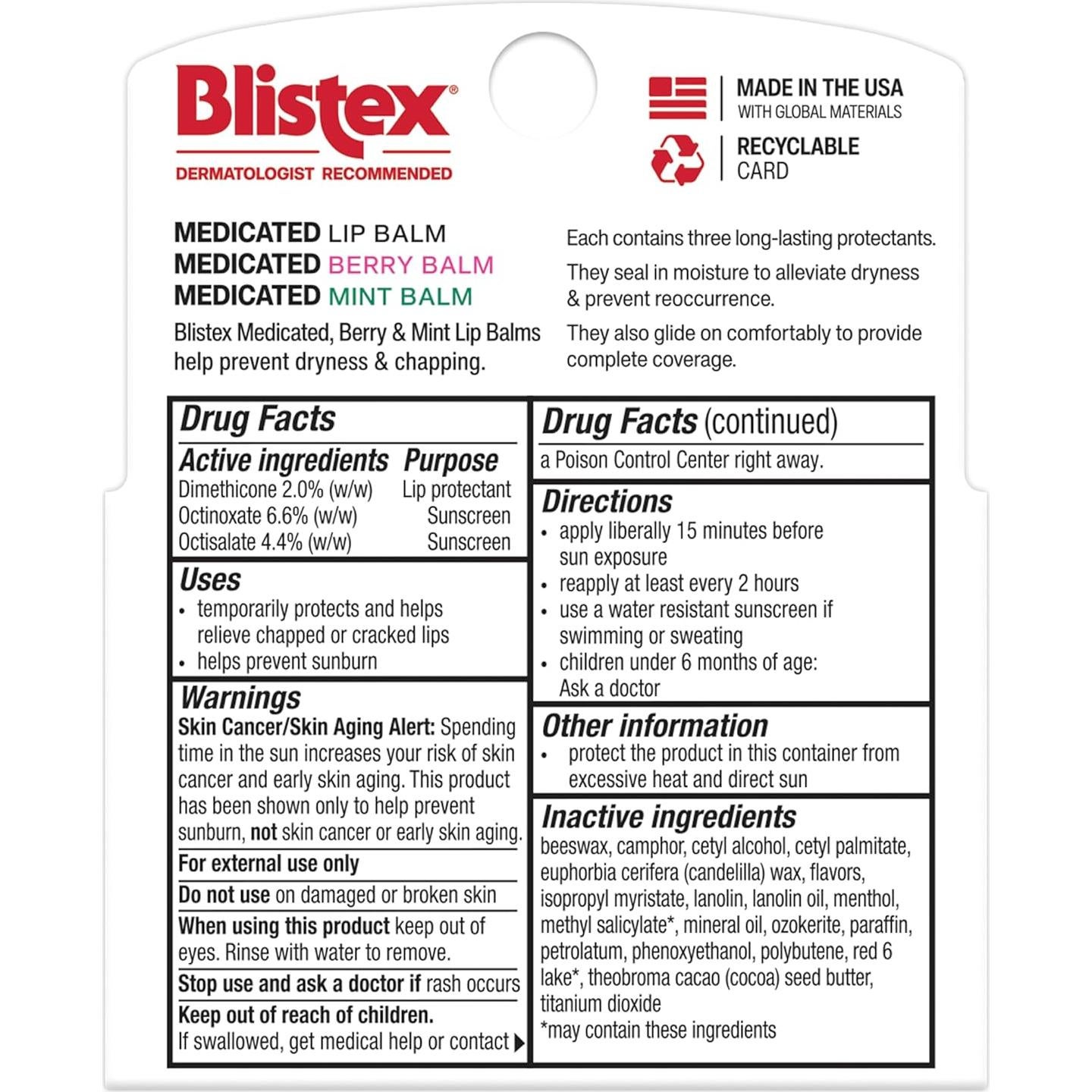 Bálsamo Labial Medicado Blistex 3 Unidades 4.25g Sabor Menta y Frambuesa SPF 15