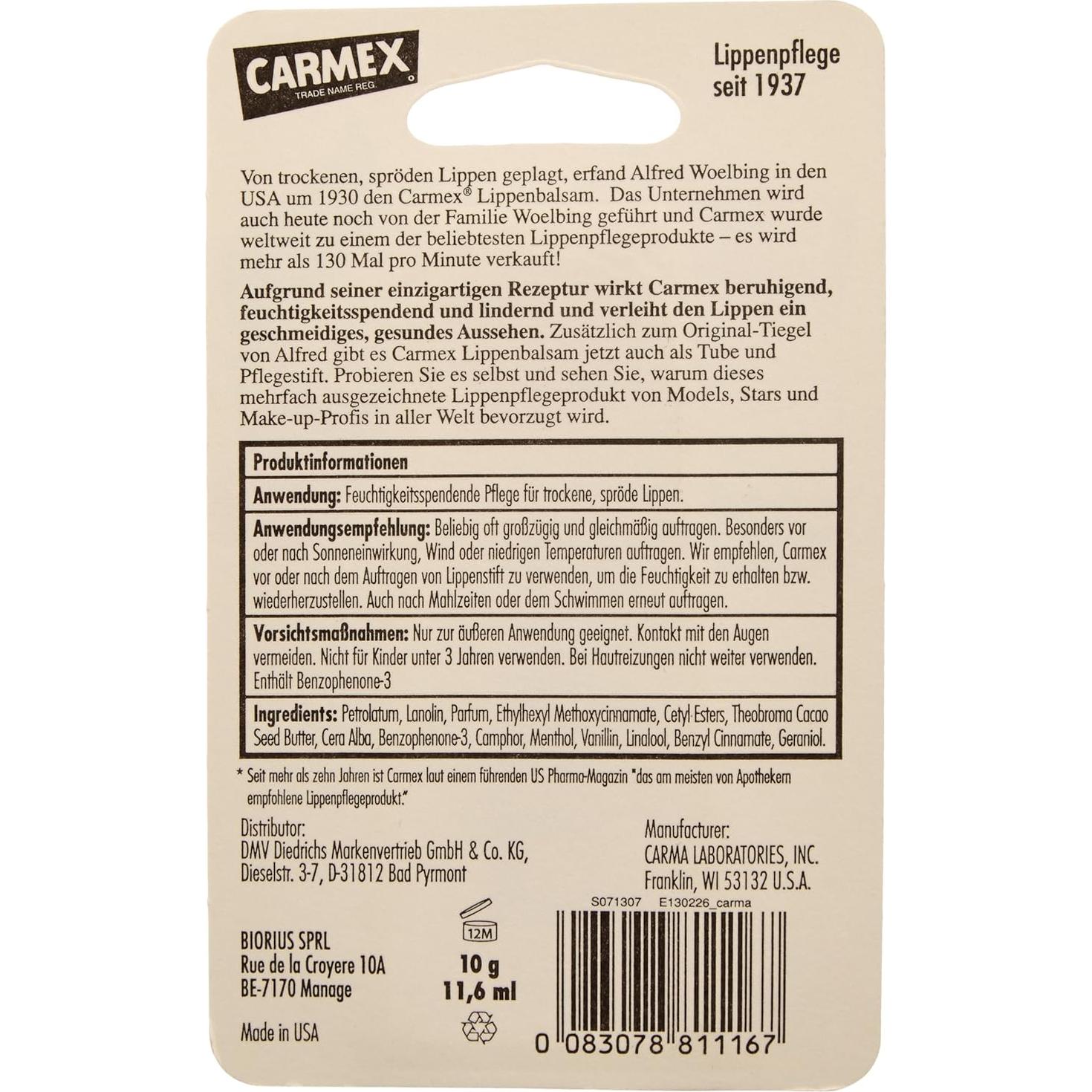 Bálsamo Labial Carmex Cereza SPF 15 Hidratante 12 Unidades