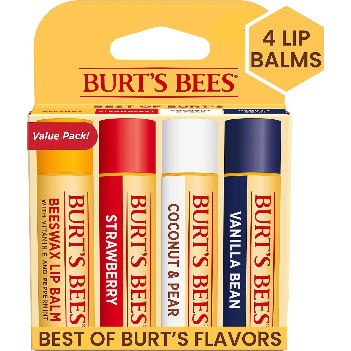 Bálsamo Labial Burt's Bees 4 Tubos 4.25g - Vainilla, Fresa, Coco, Pera
