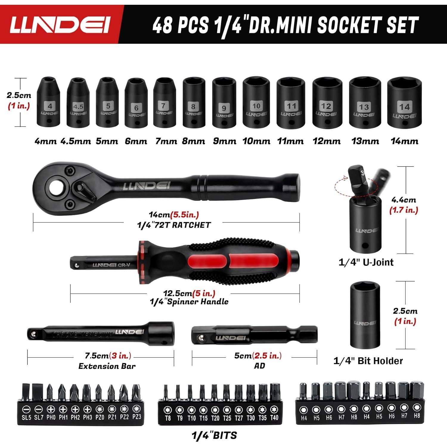 Juego de Llaves de Carraca Mini LLNDEI 48 Piezas 1/4"