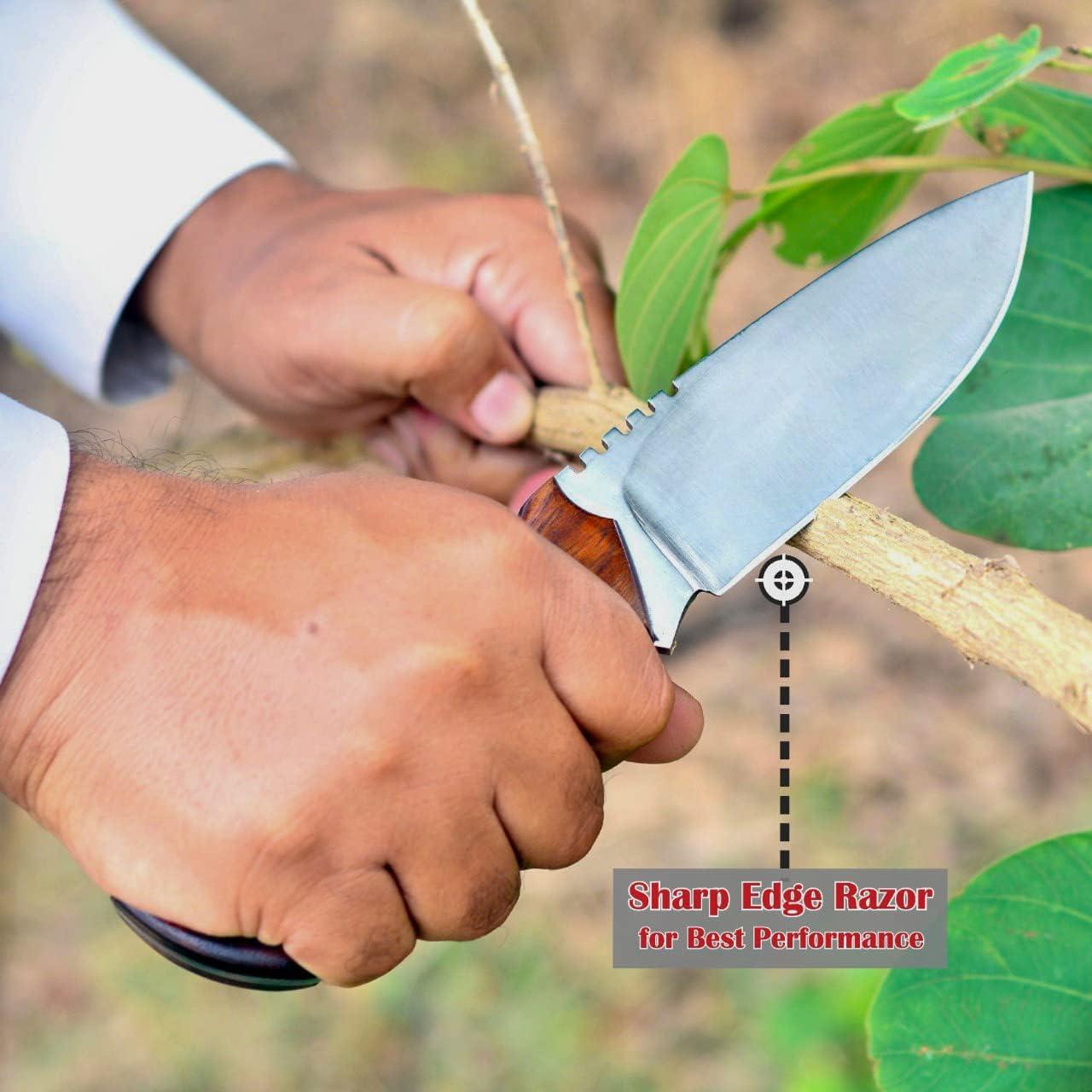 Cuchillo de Caza Fivtan Tracker con Funda de Cuero y Mango de Madera