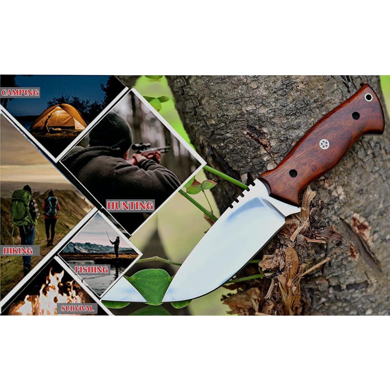 Cuchillo de Caza Fivtan Tracker con Funda de Cuero y Mango de Madera