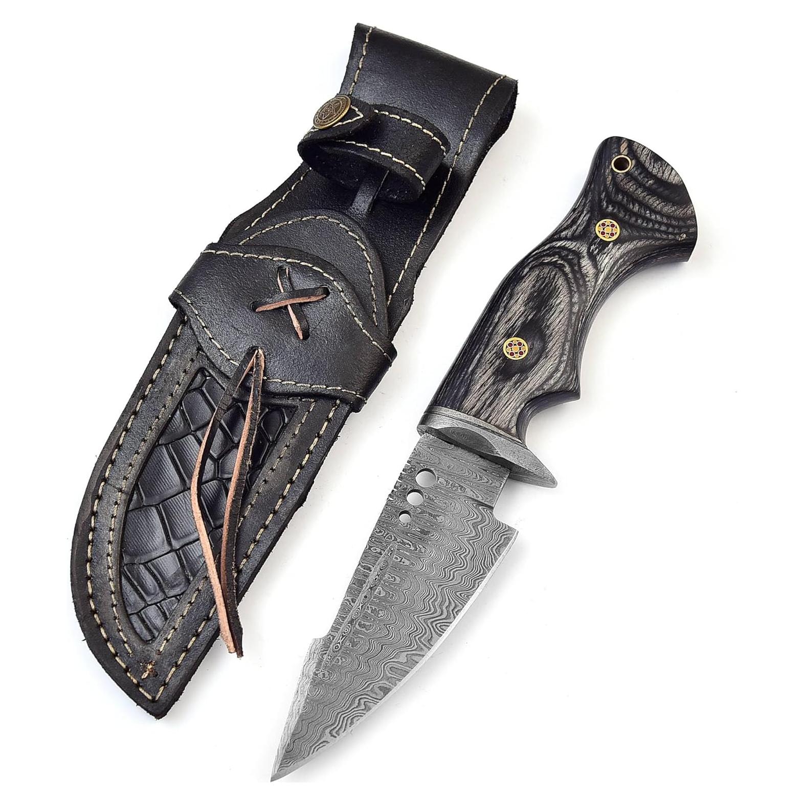Cuchillo de Caza Damasco MOHID ENT con Funda de Cuero 24.6 cm