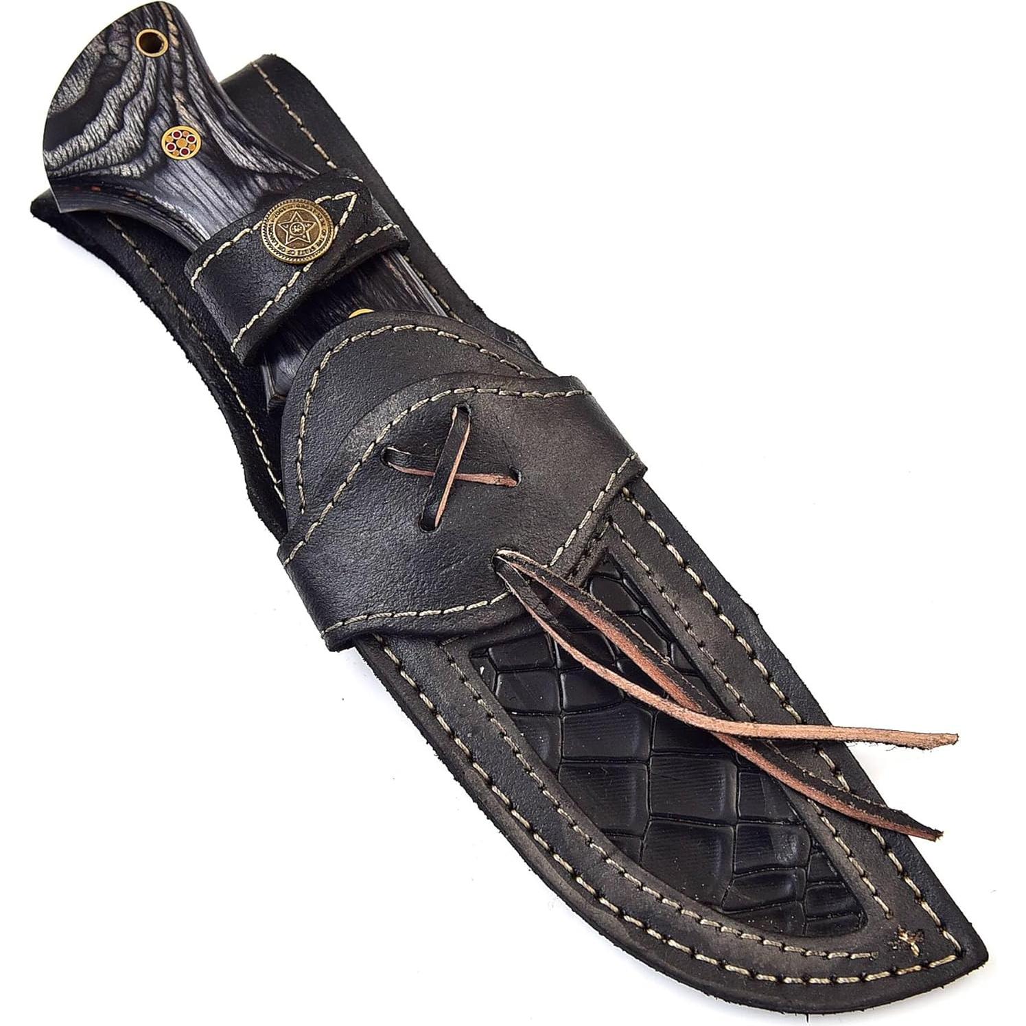 Cuchillo de Caza Damasco MOHID ENT con Funda de Cuero 24.6 cm