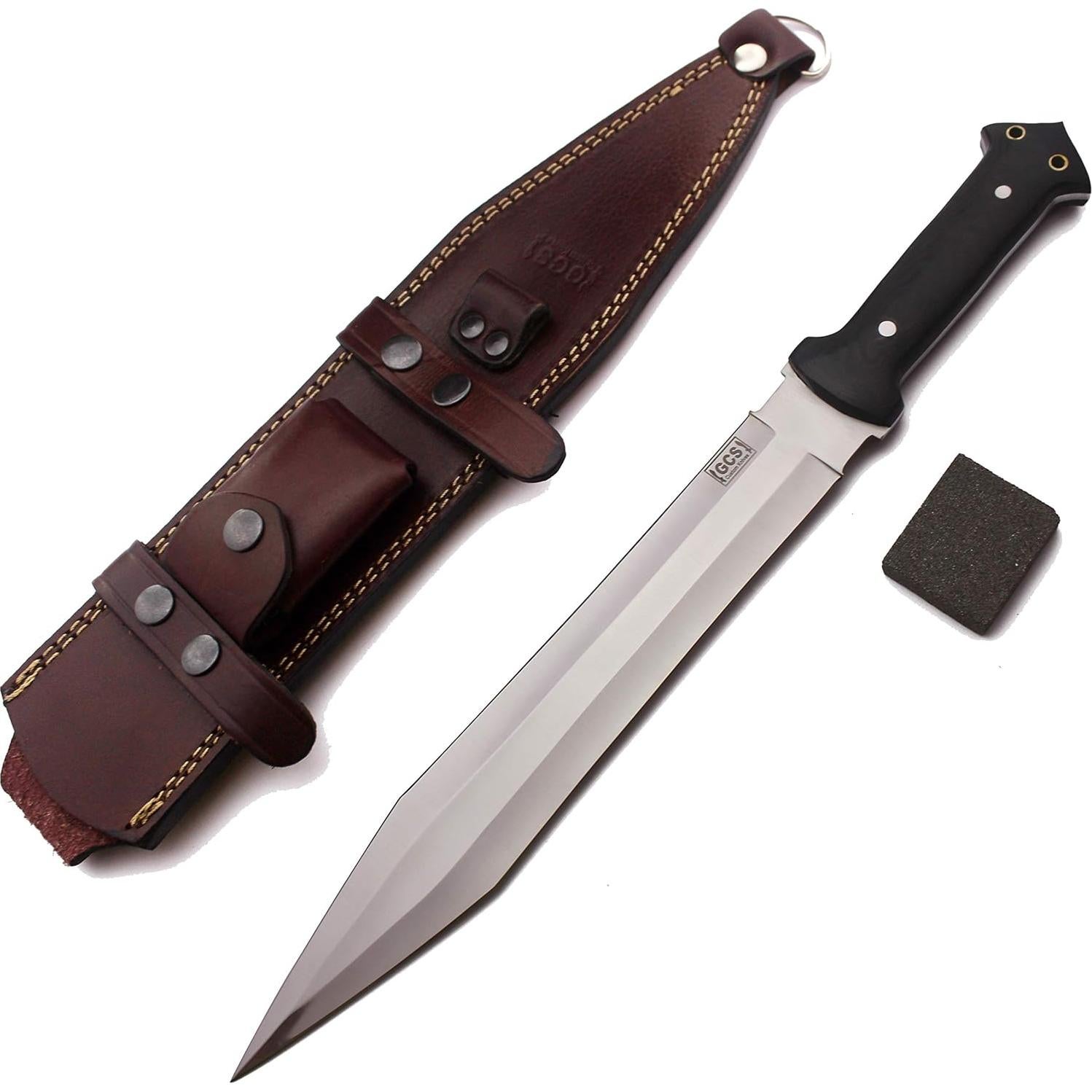 Cuchillo de Caza GCS D2 16.5" con Funda de Cuero y Afilador
