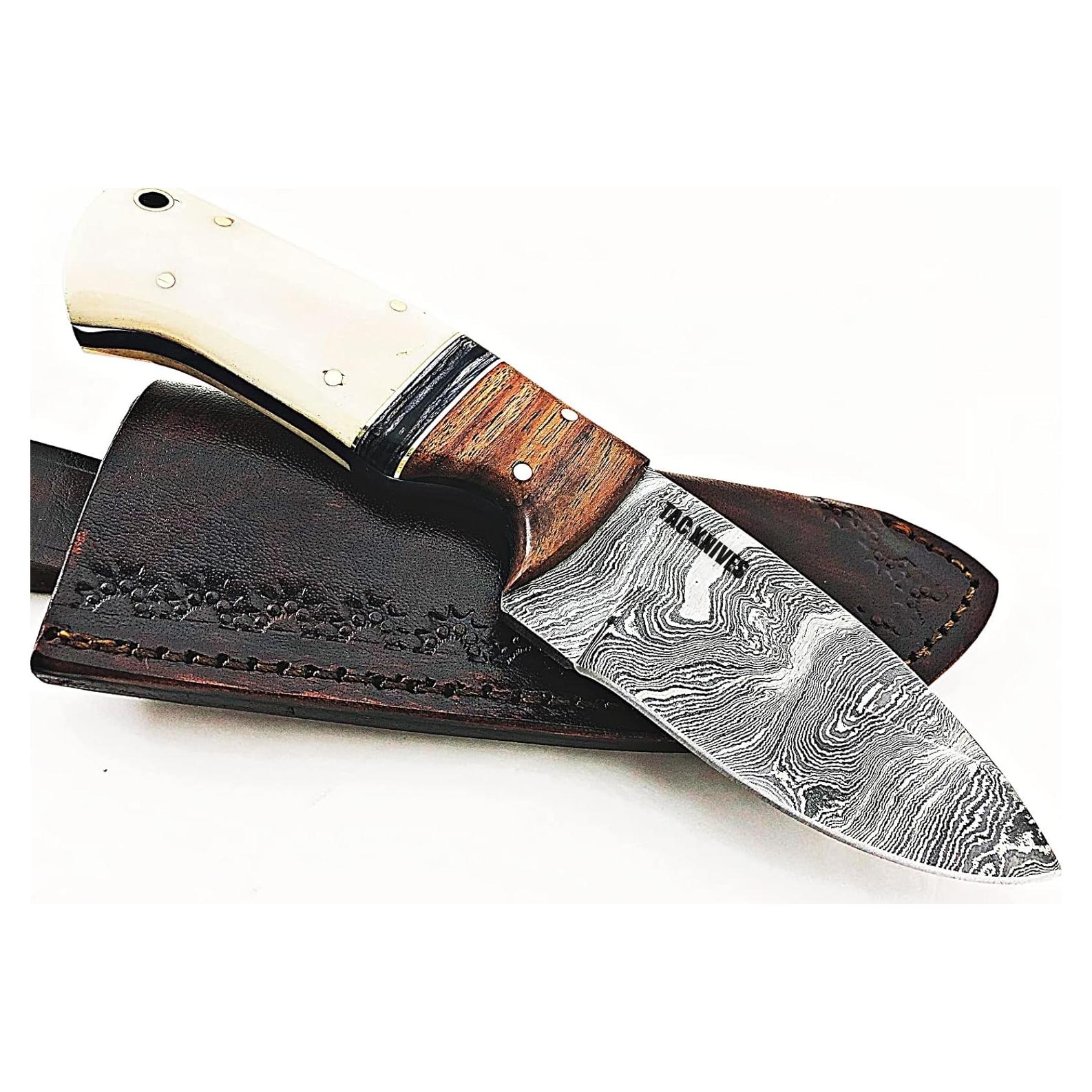 Cuchillo de Acero Damasco TAC KNIVES 20.32 cm con Funda de Cuero