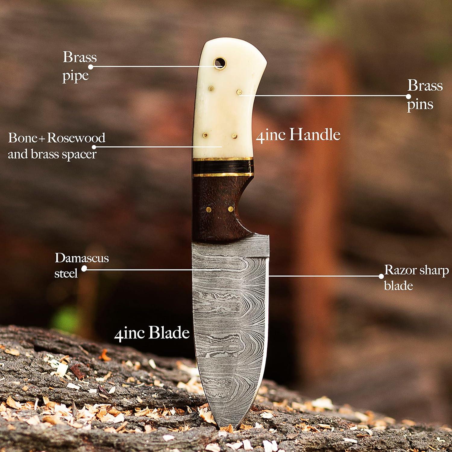 Cuchillo de Acero Damasco TAC KNIVES 20.32 cm con Funda de Cuero