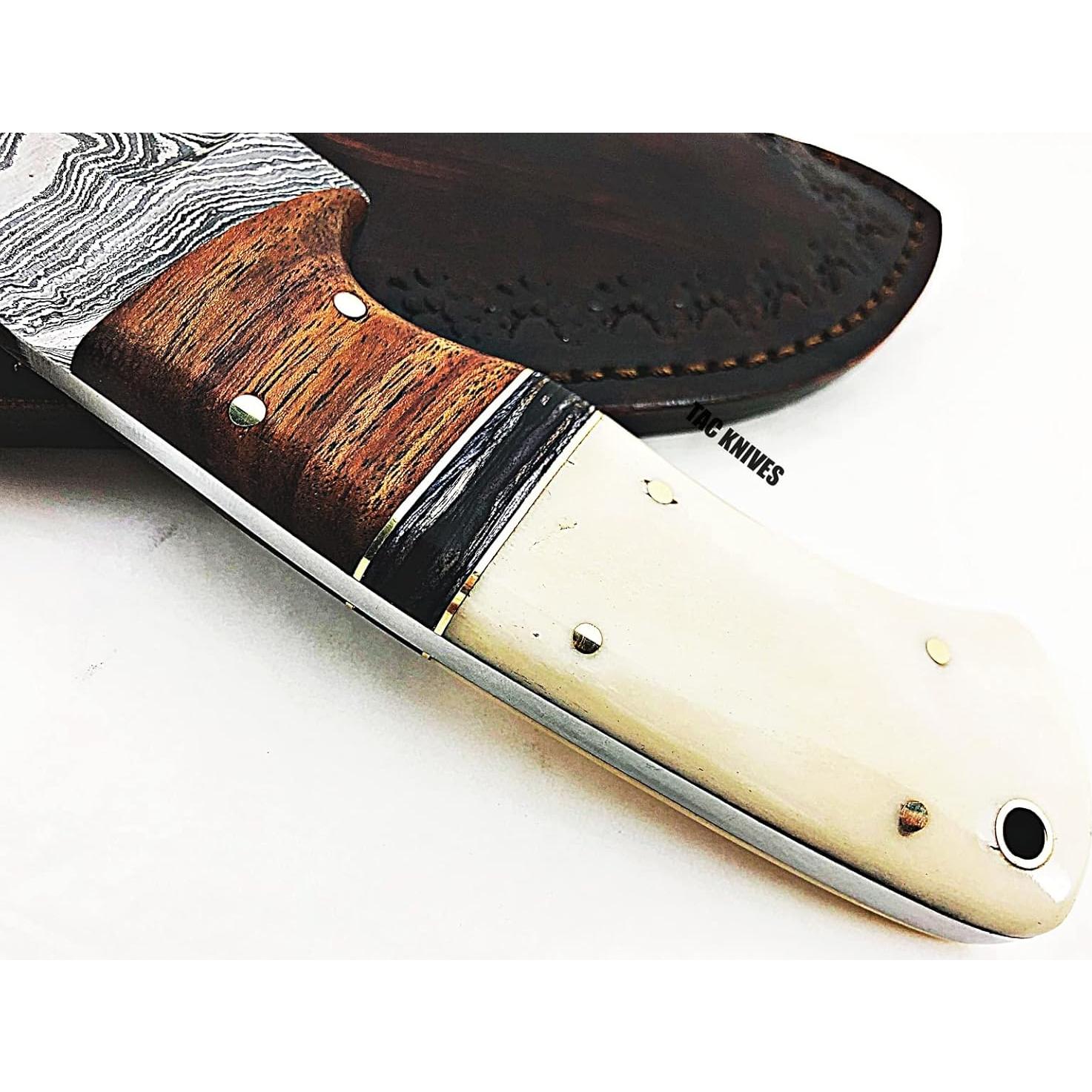 Cuchillo de Acero Damasco TAC KNIVES 20.32 cm con Funda de Cuero