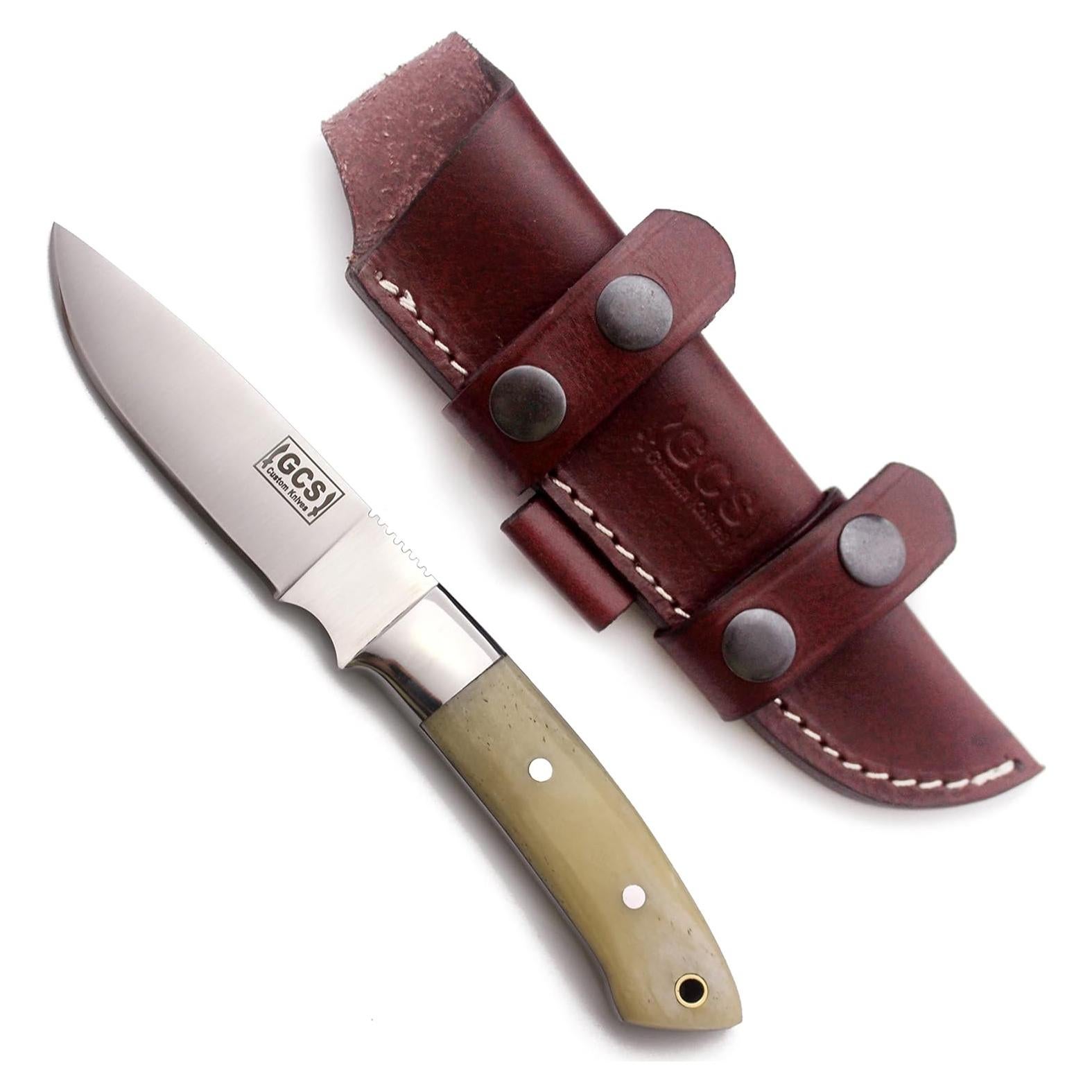 Cuchillo Táctico de Caza GCS 318 con Mango de Hueso y Funda de Cuero