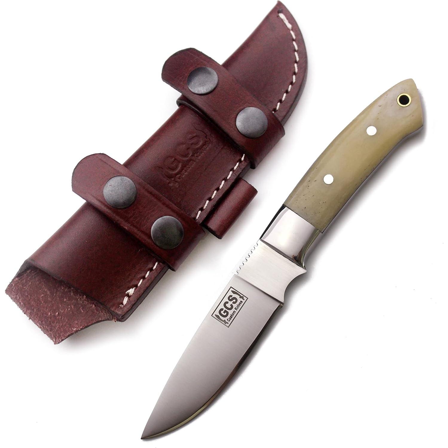 Cuchillo Táctico de Caza GCS 318 con Mango de Hueso y Funda de Cuero