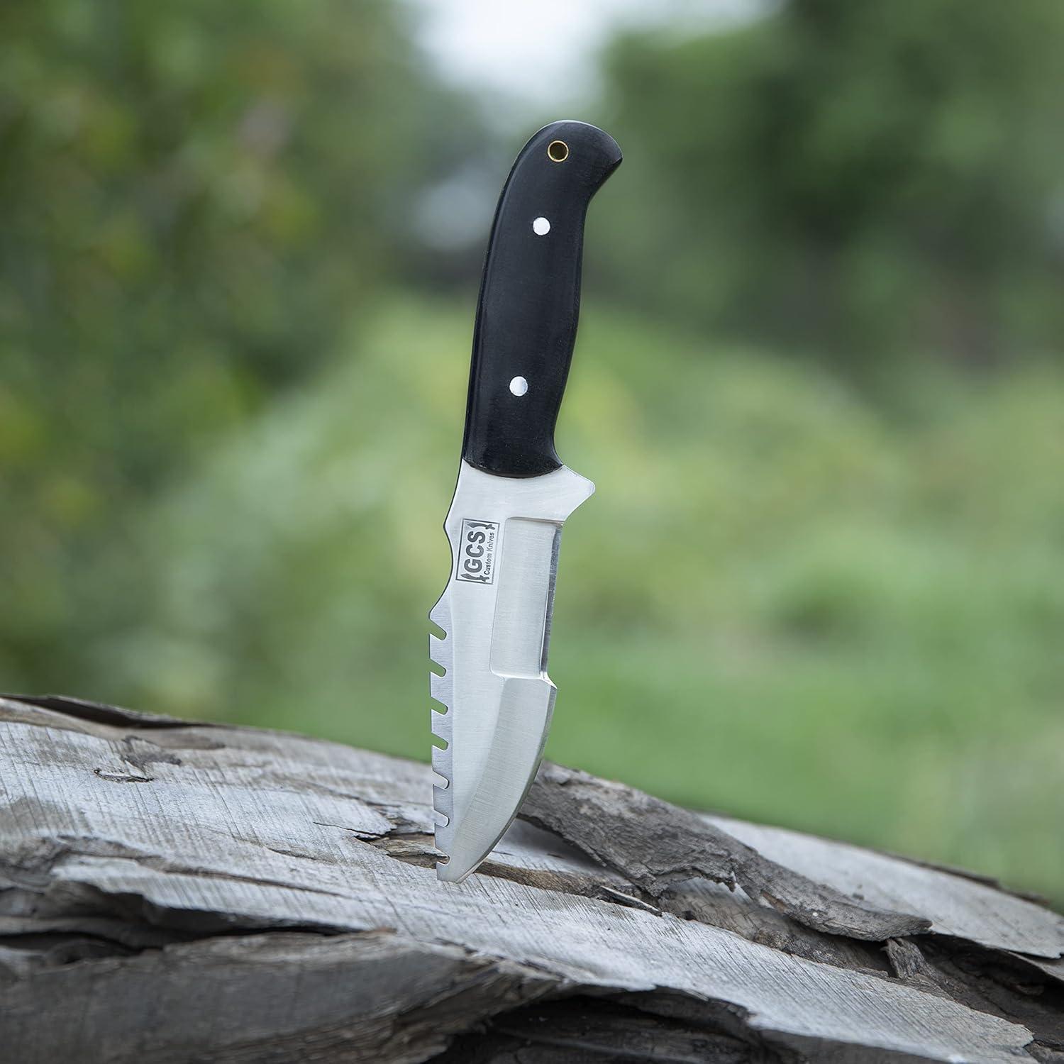 Cuchillo de Caza GCS Colmillo Plateado 304 con Funda de Cuero