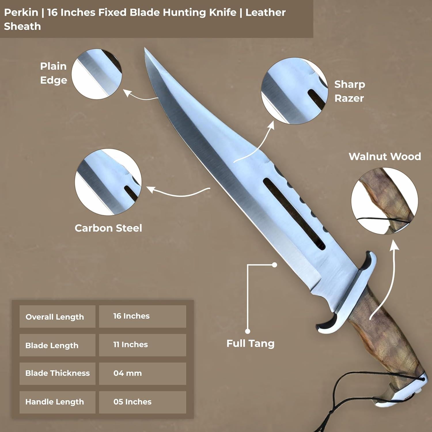 Cuchillo de Caza Perkin 40.64 cm con Funda de Cuero - Hoja Fija