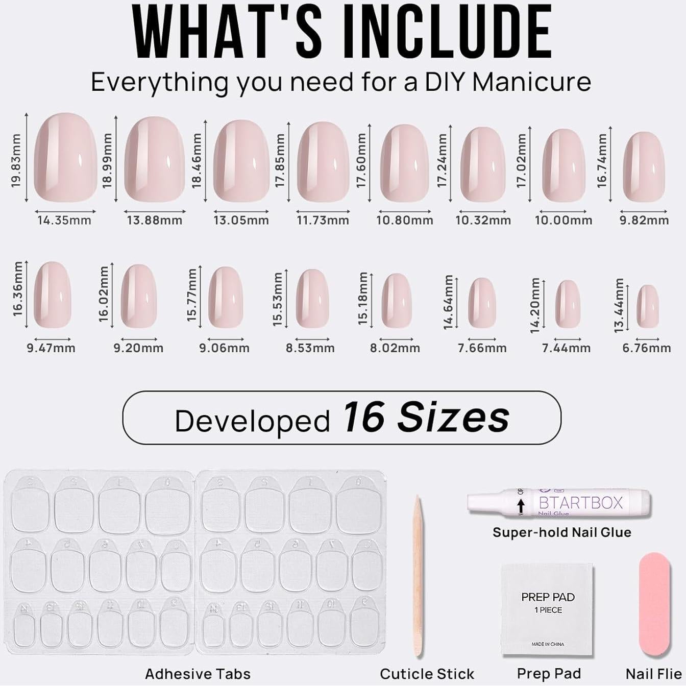 Uñas Postizas Ovaladas BTArtbox - Gel Suave, 16 Tamaños