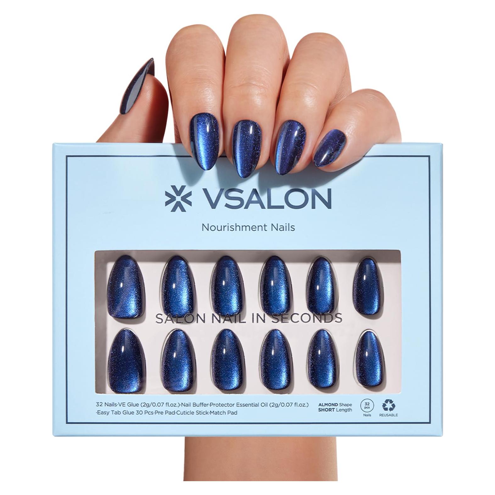Kit de Uñas Postizas Cortas VSALON - Gel Azul Ojo de Gato, 32 PZS