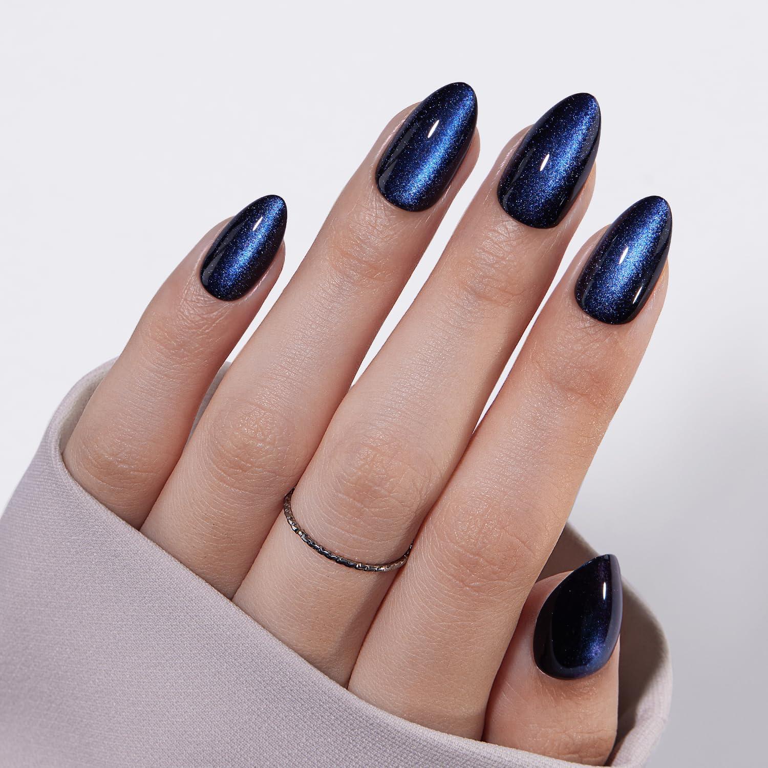 Kit de Uñas Postizas Cortas VSALON - Gel Azul Ojo de Gato, 32 PZS