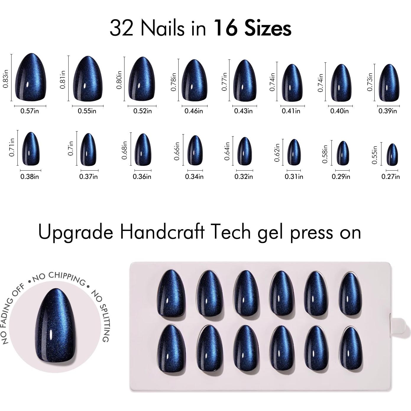 Kit de Uñas Postizas Cortas VSALON - Gel Azul Ojo de Gato, 32 PZS