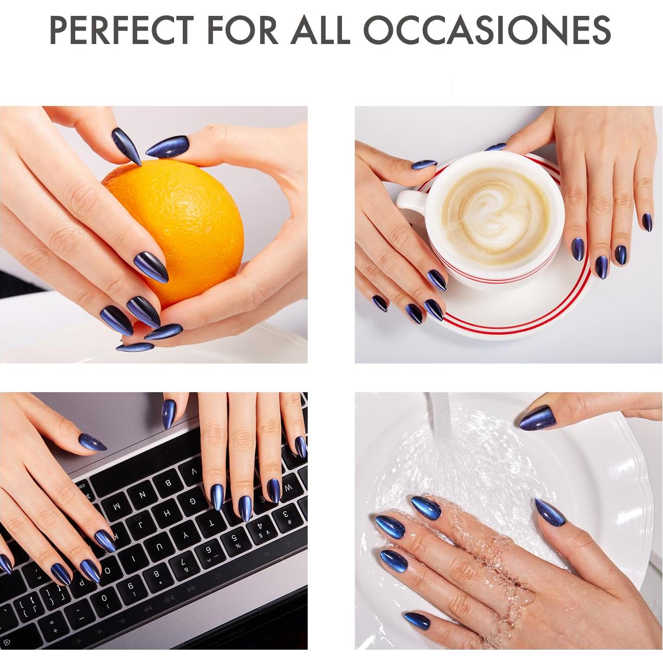 Kit de Uñas Postizas Cortas VSALON - Gel Azul Ojo de Gato, 32 PZS