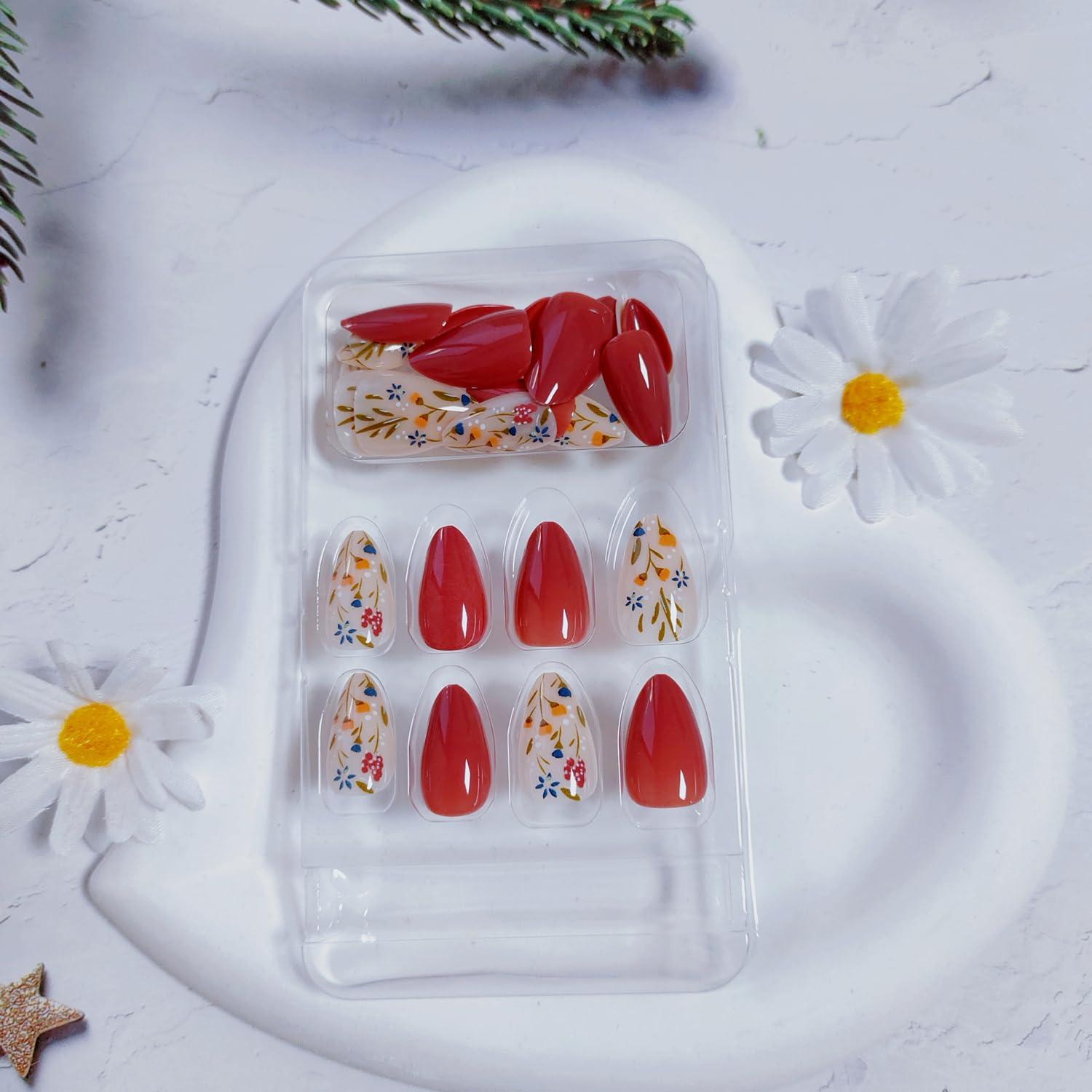 Uñas Postizas Almendra Marrón JUHUI - 24 Piezas Extra Cortas con Flores