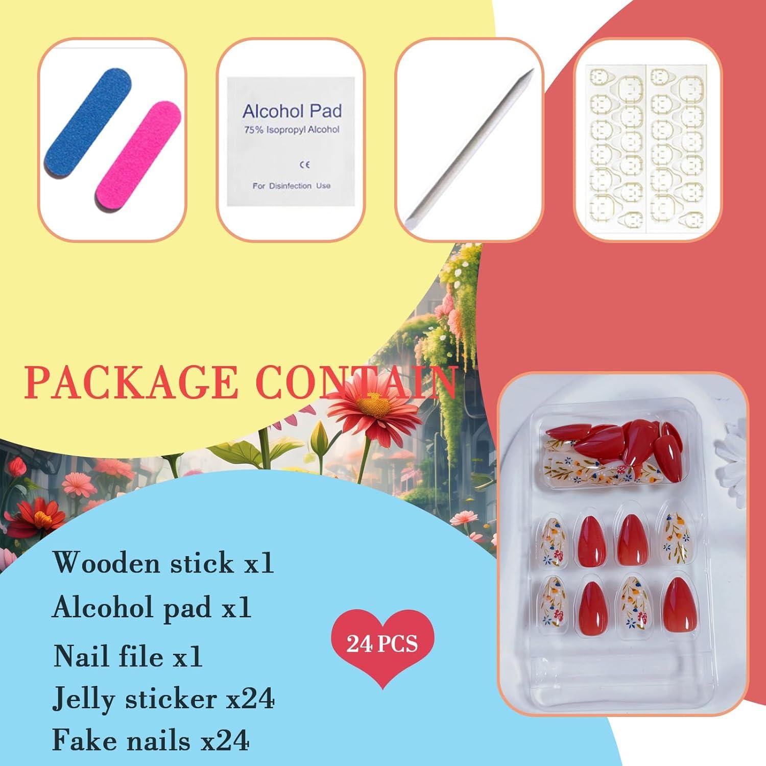 Uñas Postizas Almendra Marrón JUHUI - 24 Piezas Extra Cortas con Flores