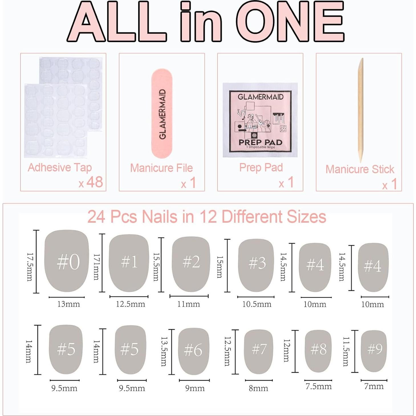 Uñas Postizas GLAMERMAID Negras Cortas Reutilizables 24 Piezas