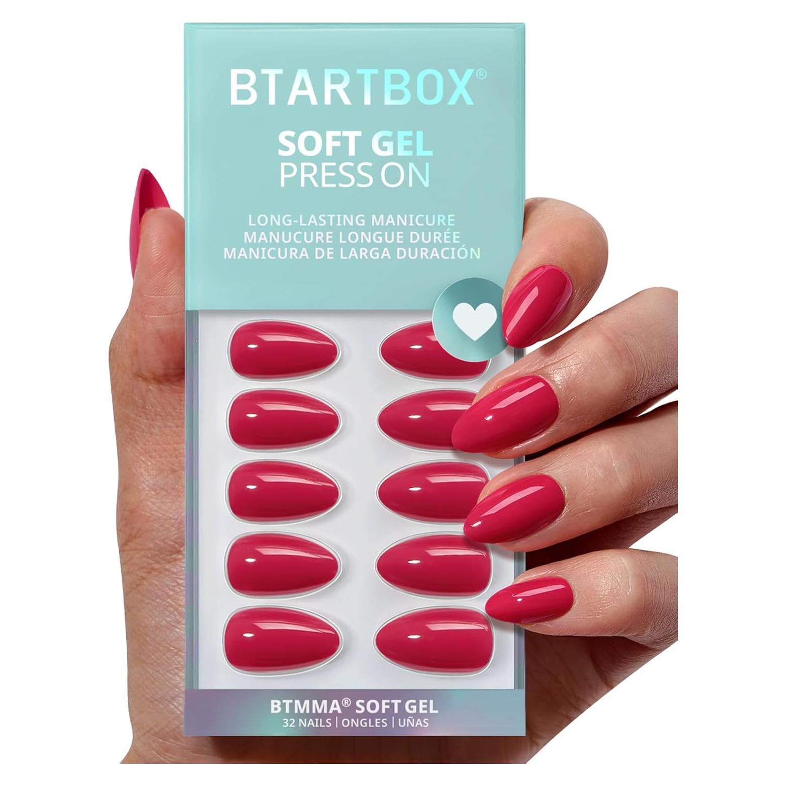 Uñas Postizas Cortas BTArtbox Almendra Rojo Frambuesa 32 Uñas
