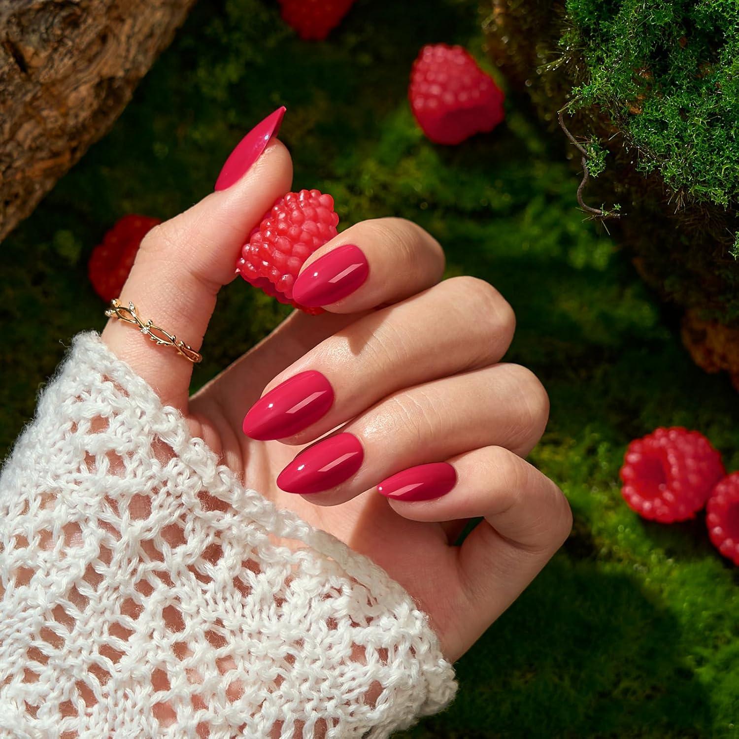 Uñas Postizas Cortas BTArtbox Almendra Rojo Frambuesa 32 Uñas