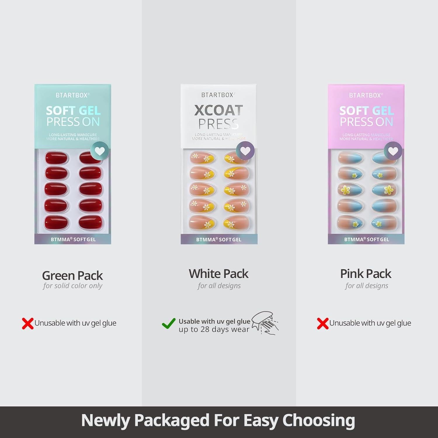 Uñas Postizas Cortas BTArtbox Almendra Rojo Frambuesa 32 Uñas