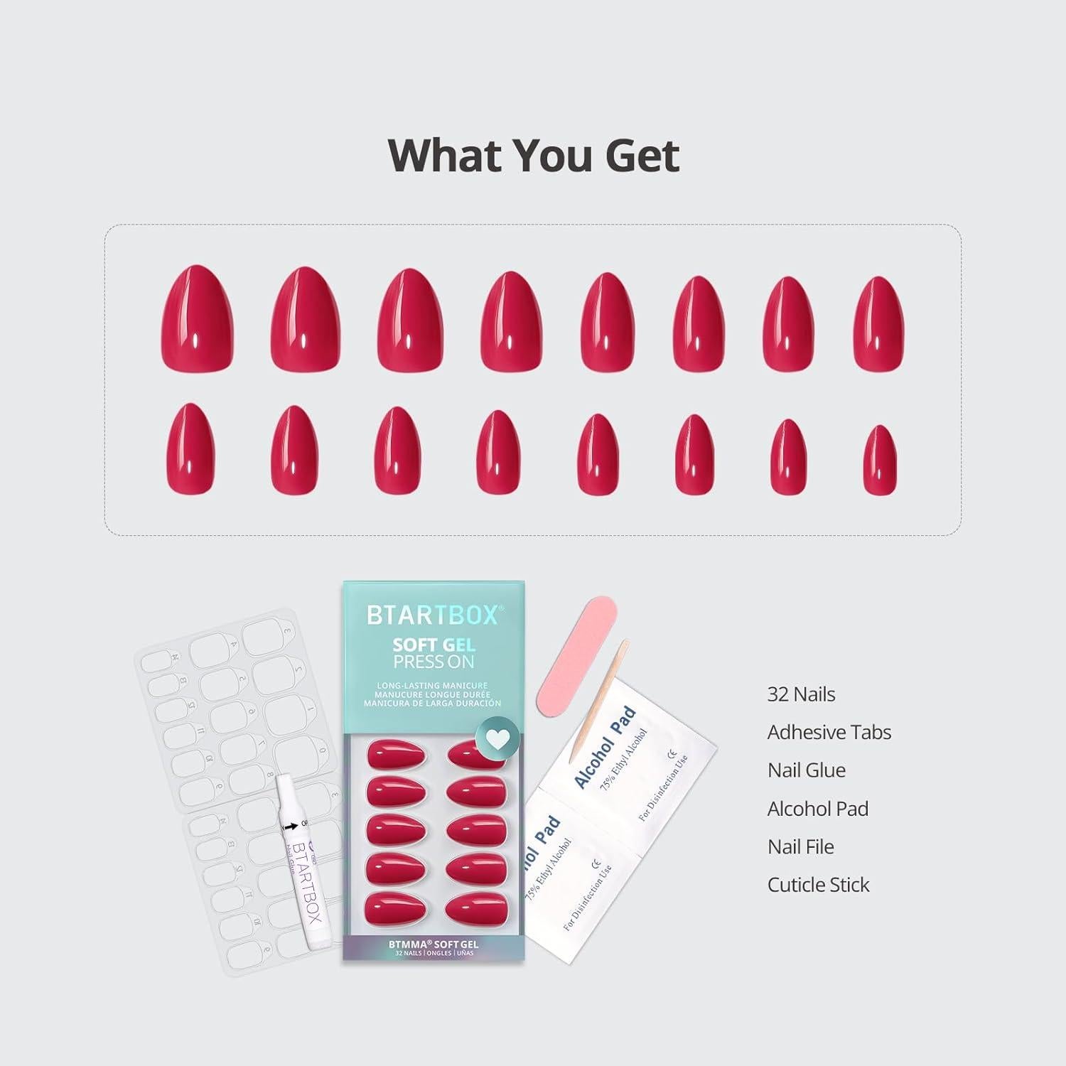Uñas Postizas Cortas BTArtbox Almendra Rojo Frambuesa 32 Uñas
