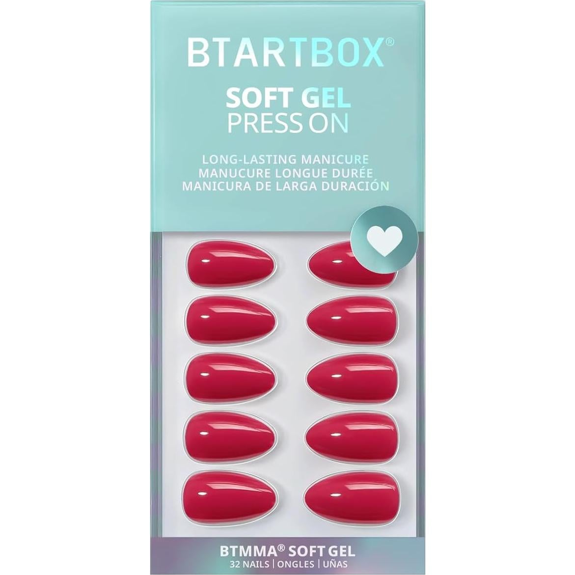 Uñas Postizas Cortas BTArtbox Almendra Rojo Frambuesa 32 Uñas