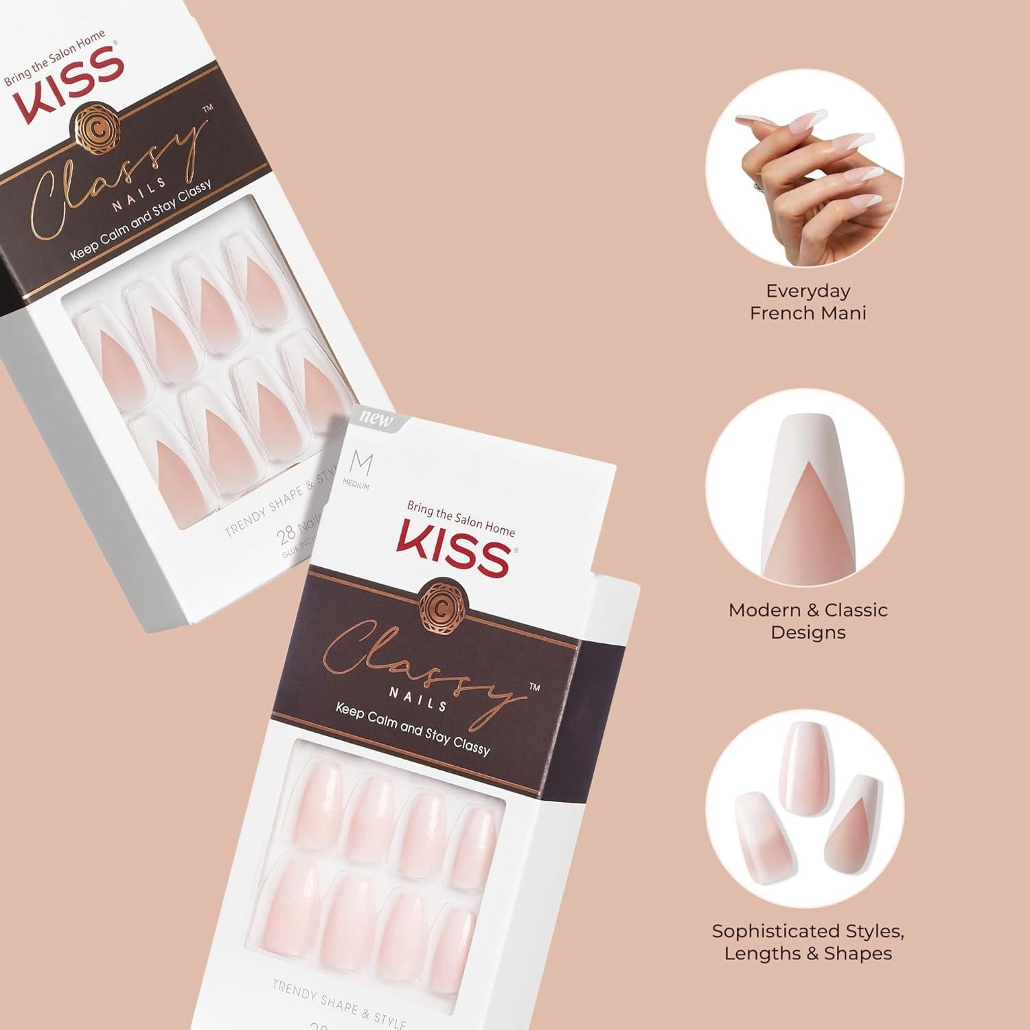 Uñas Postizas KISS Classy Cortas Ovaladas 28 Uñas + Pegamento