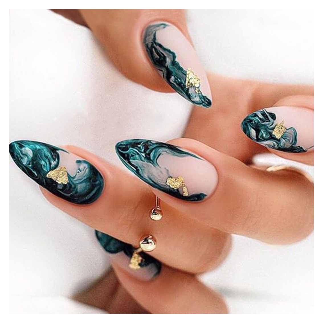 Uñas Falsas Medianas Enppode Almendra Nude y Negro 24 PCS