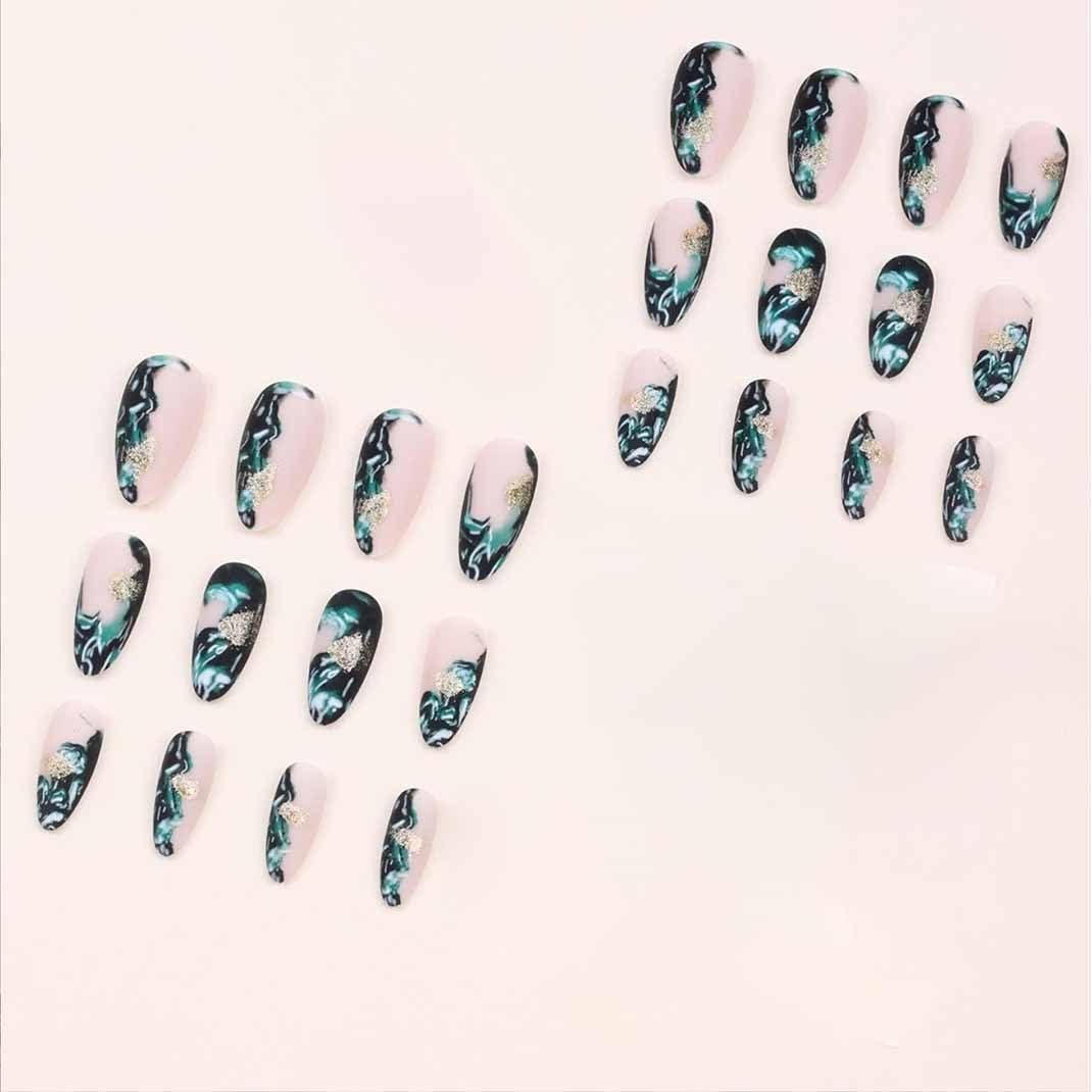 Uñas Falsas Medianas Enppode Almendra Nude y Negro 24 PCS